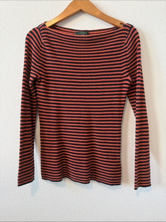 Ralph Lauren Sweaters - Ralph Lauren Y2K Cotton Boatneck Stripe Sweater Women’s M Orange Navy Fall